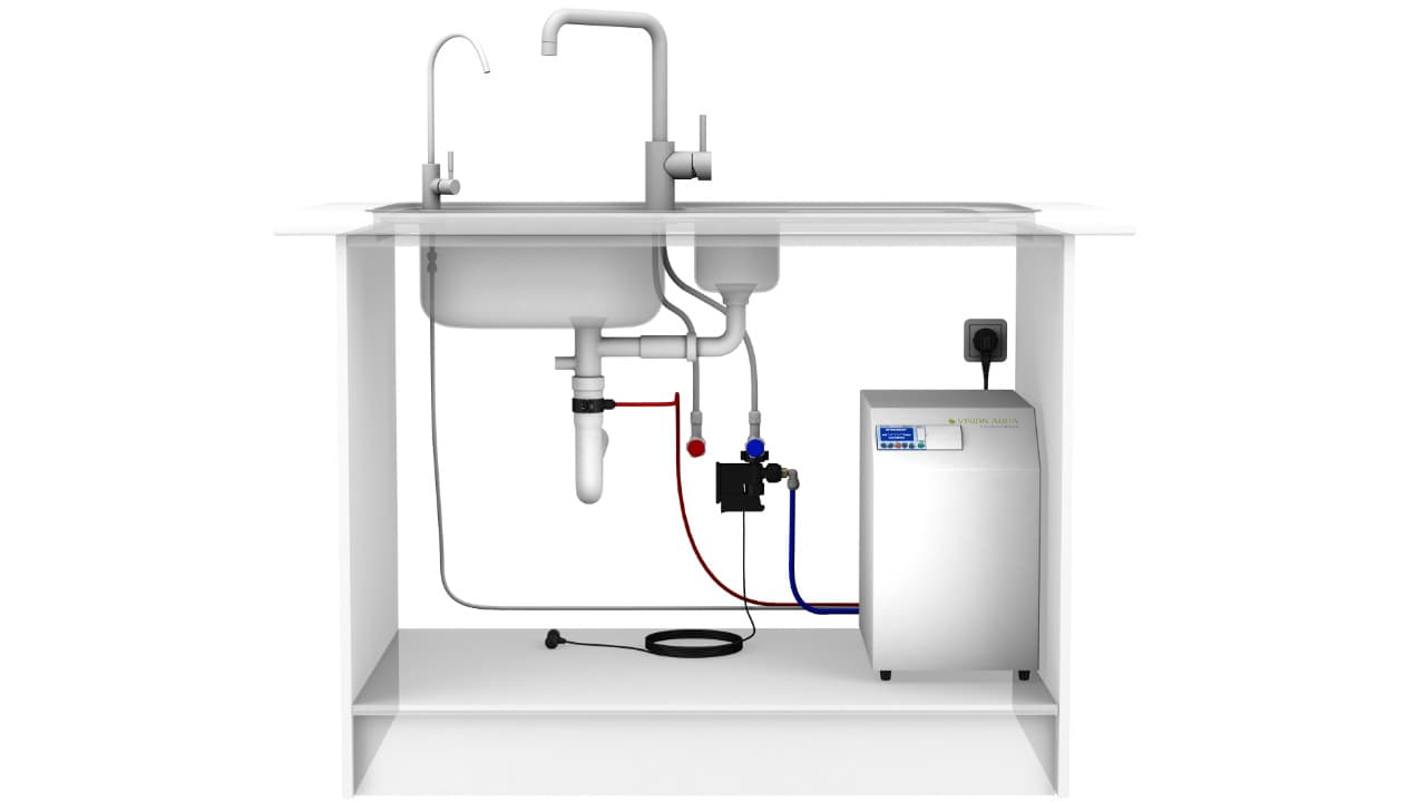 Beispielinstallation vom Verdanium HOME Wasserfilter unter der Küchenspüle als 3D Rendering