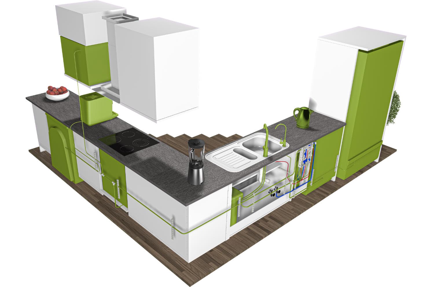 Verdanium MAX Beispielinstallation in der Küche als Rückansicht Die Beispielinstallation des Verdanium MAX Wasserfilters in der Küche als Rendering mit den Anschlussmöglichkeiten