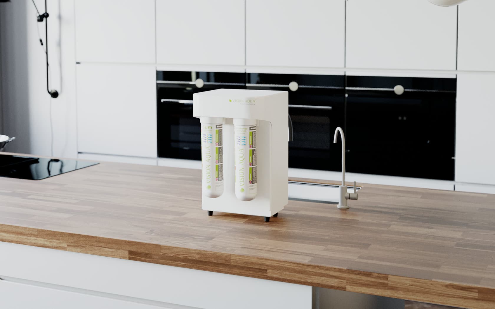 Der Wasserfilter VA-Mini steht auf der Kücheninsel vor der Spüle