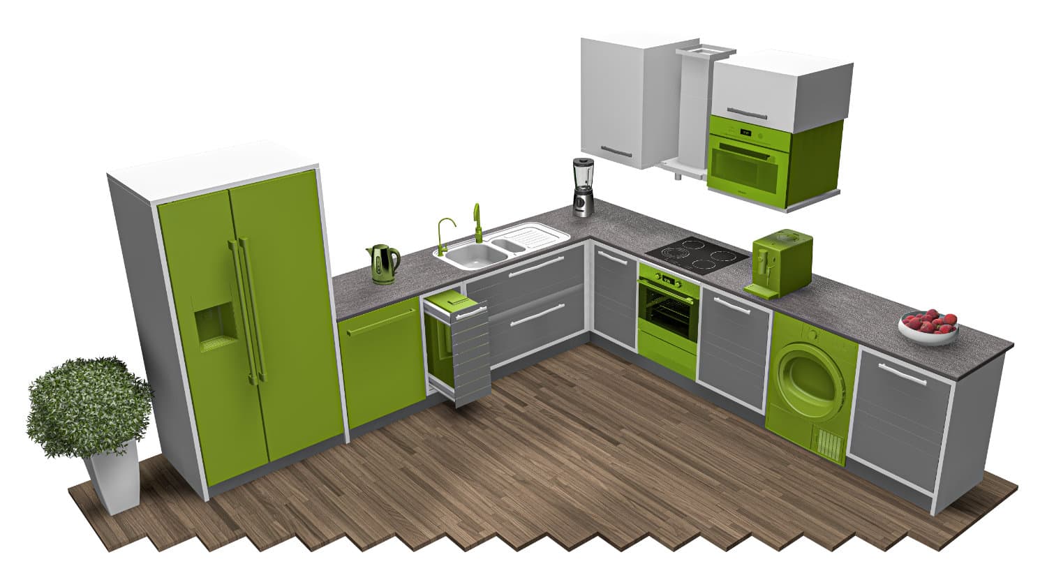 3D Darstellung vom Verdanium MAX Wasserfilter in einer Küche als Beispielinstallation