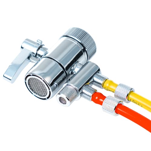 Hahnanschluss Adapter mit Perlator und Rücklauf für Abwasser - Verrohrung lose Der Hahnanschluss Adapter mit Perlator und Rücklauf für Abwasser mit loser Verrohrung