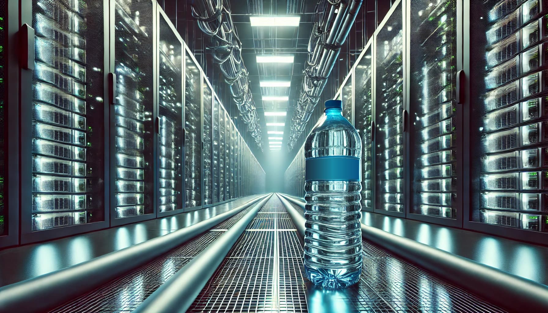 Der versteckte Wasserverbrauch der KI Serverraum mit Wasserflaschen-Symbolik für den Wasserverbrauch durch Künstliche Intelligenz.