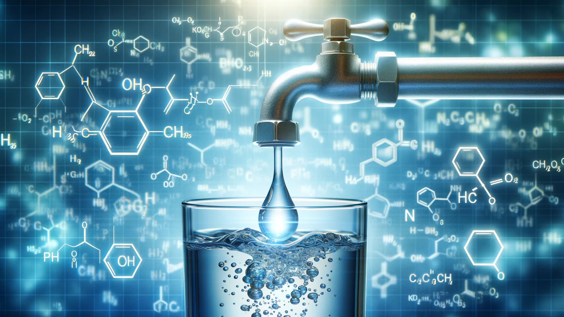 Trinkwasser aus dem Wasserhahn tropft in ein Wasserglas mit chemischen Formeln im Hintergrund