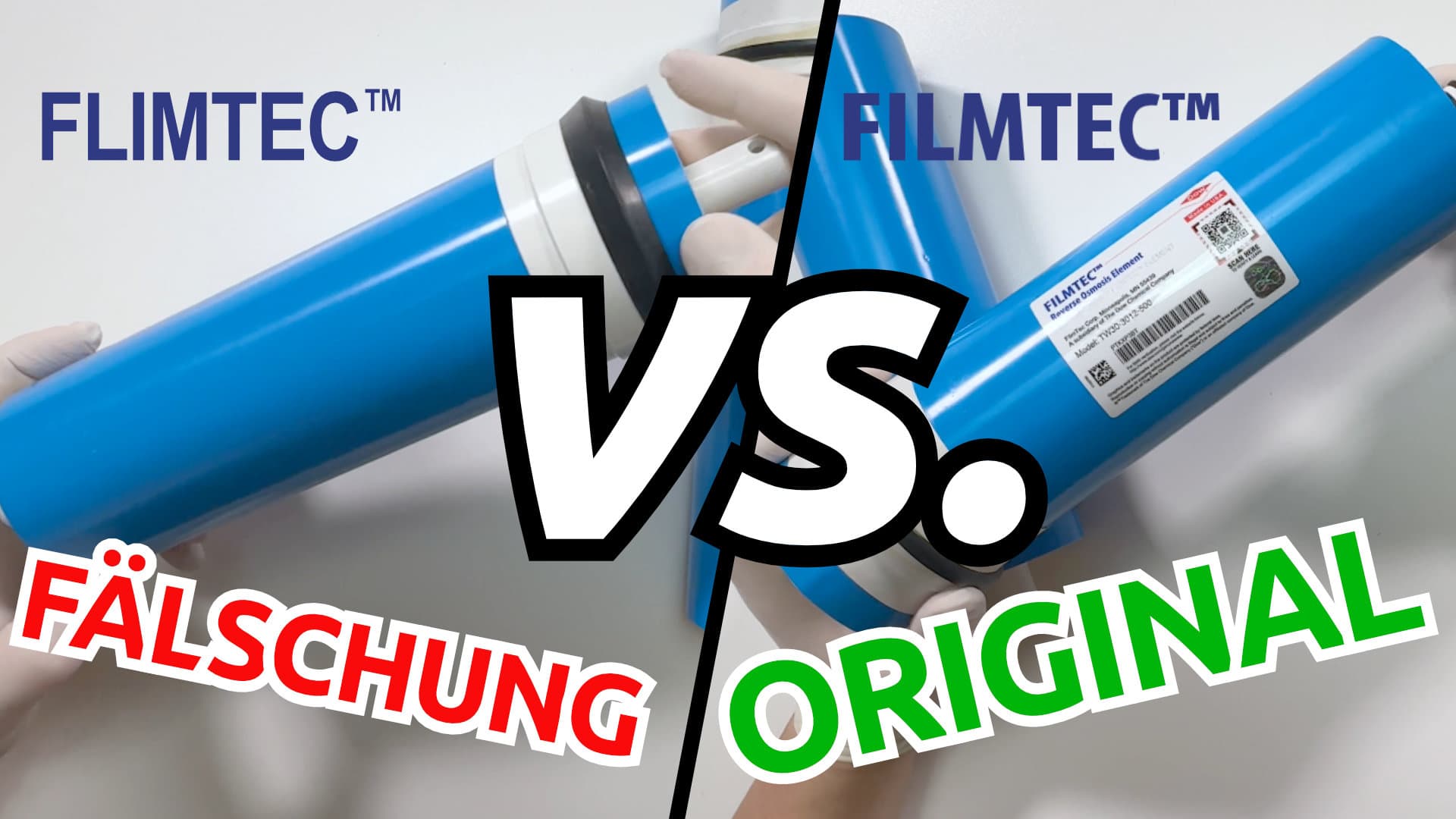Erkennen Sie auf den ersten Blick gefälschte Umkehrosmose-Membranen Zwei Umkehrosmosemembranen für Wasserfilter im Vergleich. Links ist eine billige Kopie als Fälschung und rechts das Original von FILMTEC