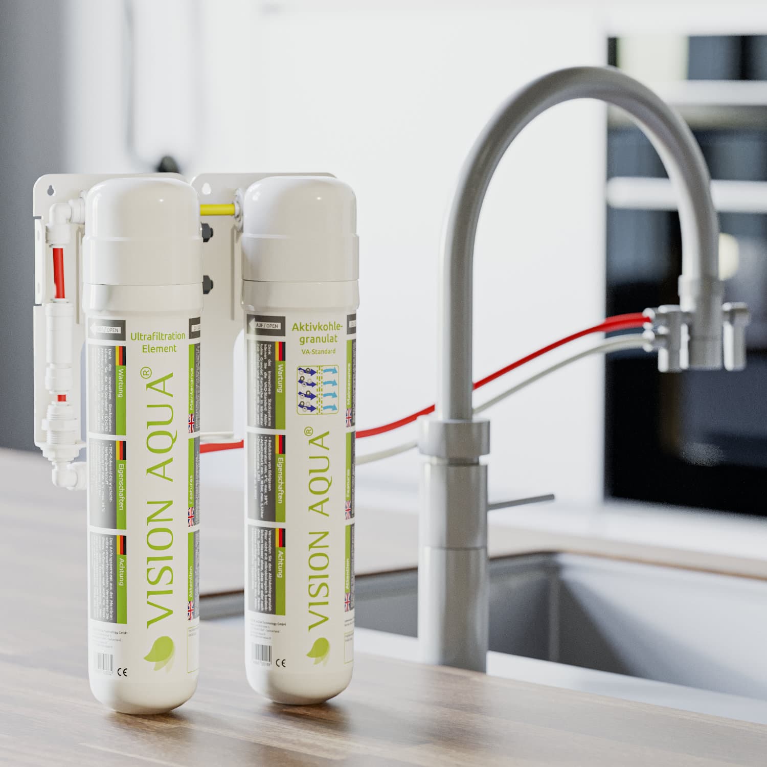 VISIONAQUA Der Wasserfilter Onlineshop Einleitungsbild Der Wasserfilter von VISION AQUA in der Küche am Wasserhahn angeschlossen