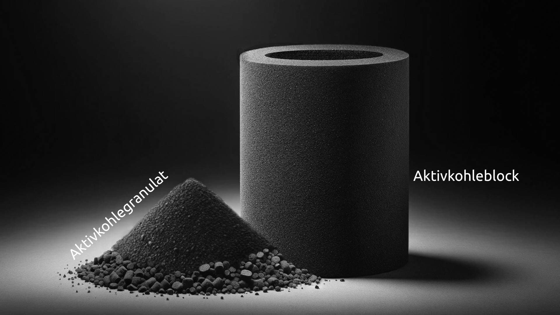 Wo liegt der Unterschied zwischen Aktivkohlegranulat und Aktivkohleblock in Wasserfiltern? Aktivkohlegranulat und Aktivkohleblock sind nebeneinander und zeigen den Unterschied zwischen beiden Sorten