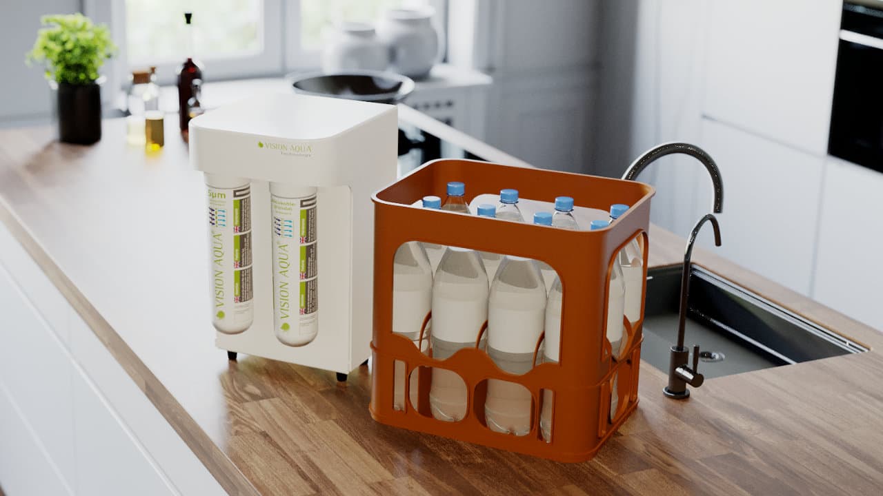 VA-Mini - Kompaktes Design mit großer Leistung VA-Mini Wasserfilter steht neben einem Mineralwasserkasten