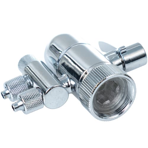 Hahnanschluss Adapter mit Perlator und Rücklauf für Abwasser - oben Der Hahnanschluss Adapter mit Perlator und Rücklauf für Abwasser von oben