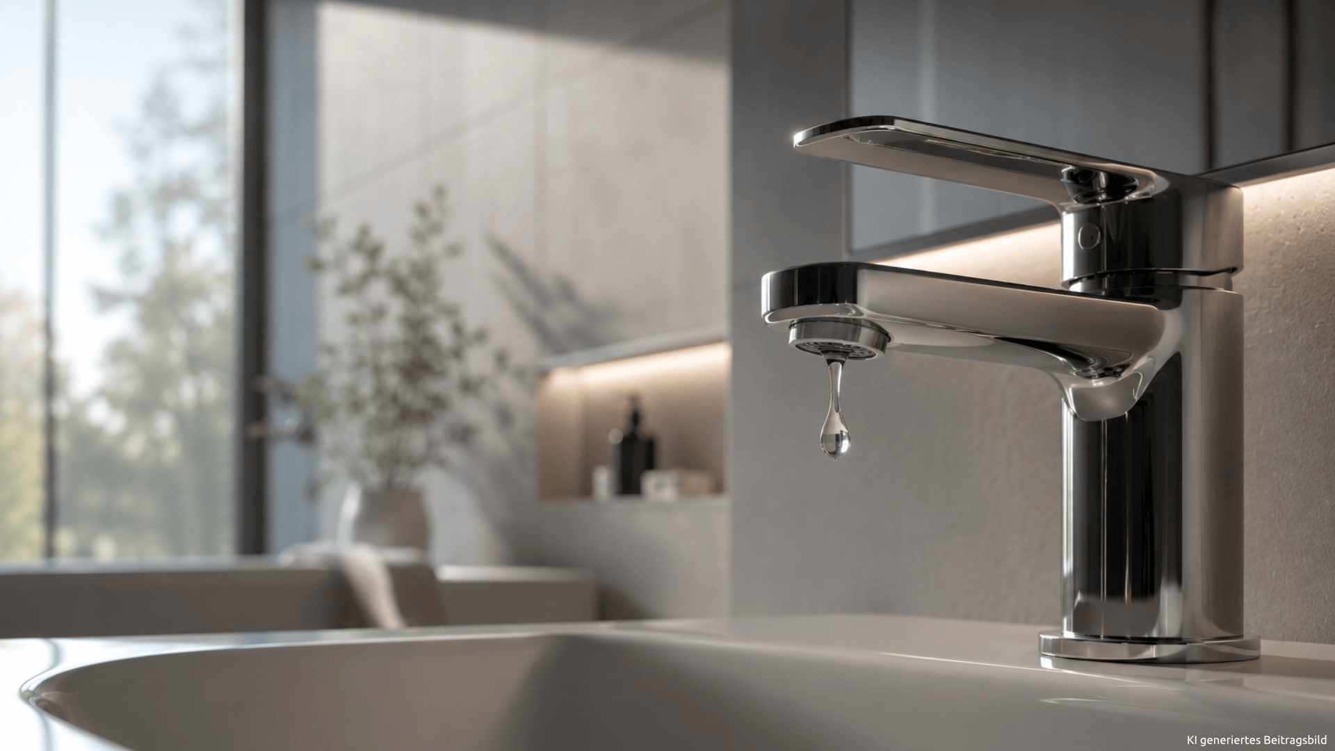 Stagnation – der unterschätzte Feind jeder Trinkwasserinstallation Ein modernes Bad mit einer Nahaufnahme auf den Wasserhahn, an dem ein einziger Wassertropfen hängt.