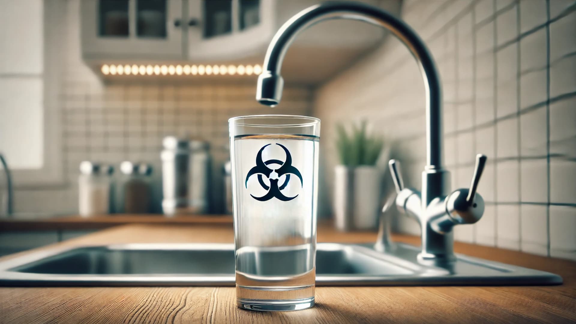 Alarmierende TFA-Belastung im Trinkwasser Wasserhahn in der Küche und davor steht ein Glas Trinkwasser mit einem Biohazard-Symbol darauf, das eine TFA Kontamination verdeutlicht.