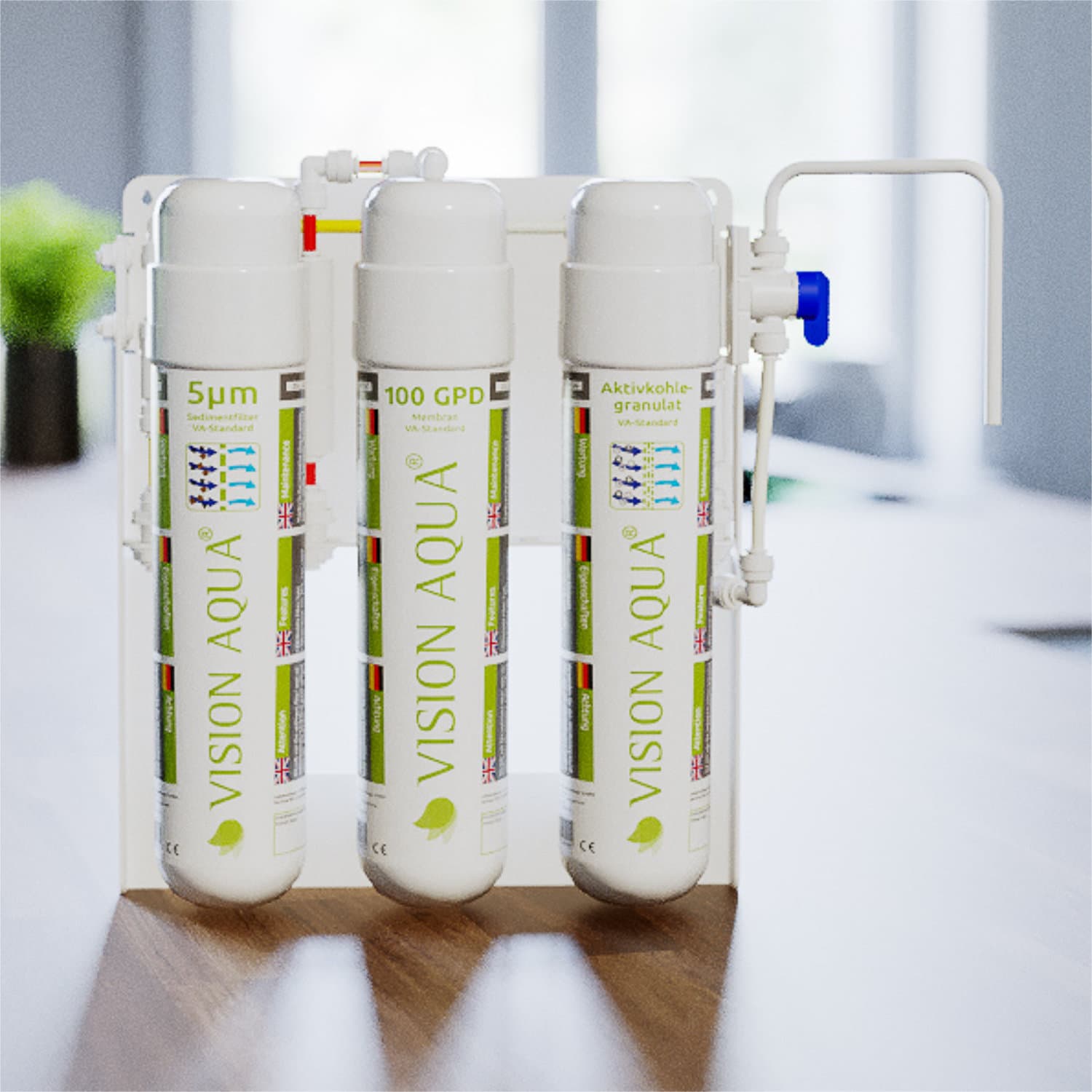 VISION AQUA Umkehrosmose Wasserfilter VA-Basic Auftisch Der VISION AQUA Umkehrosmose Wasserfilter VA-Basic als Auftisch-Variante in der Küche