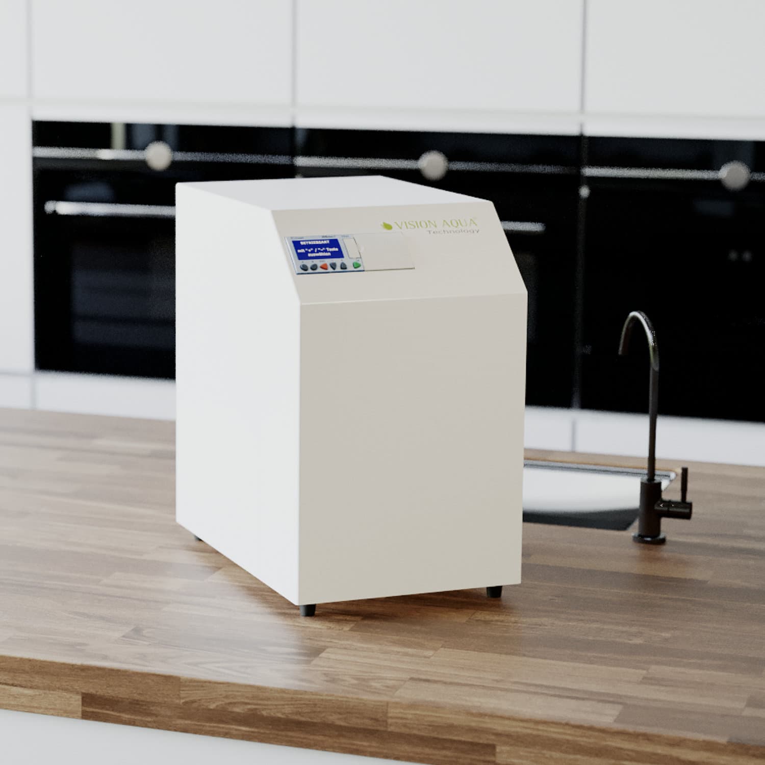 Wasserfilter Verdanium HOME - Einleitungsbild Der Verdnaium HOME Wasserfilter steht auf der Kücheninsel vor dem Waschbecken
