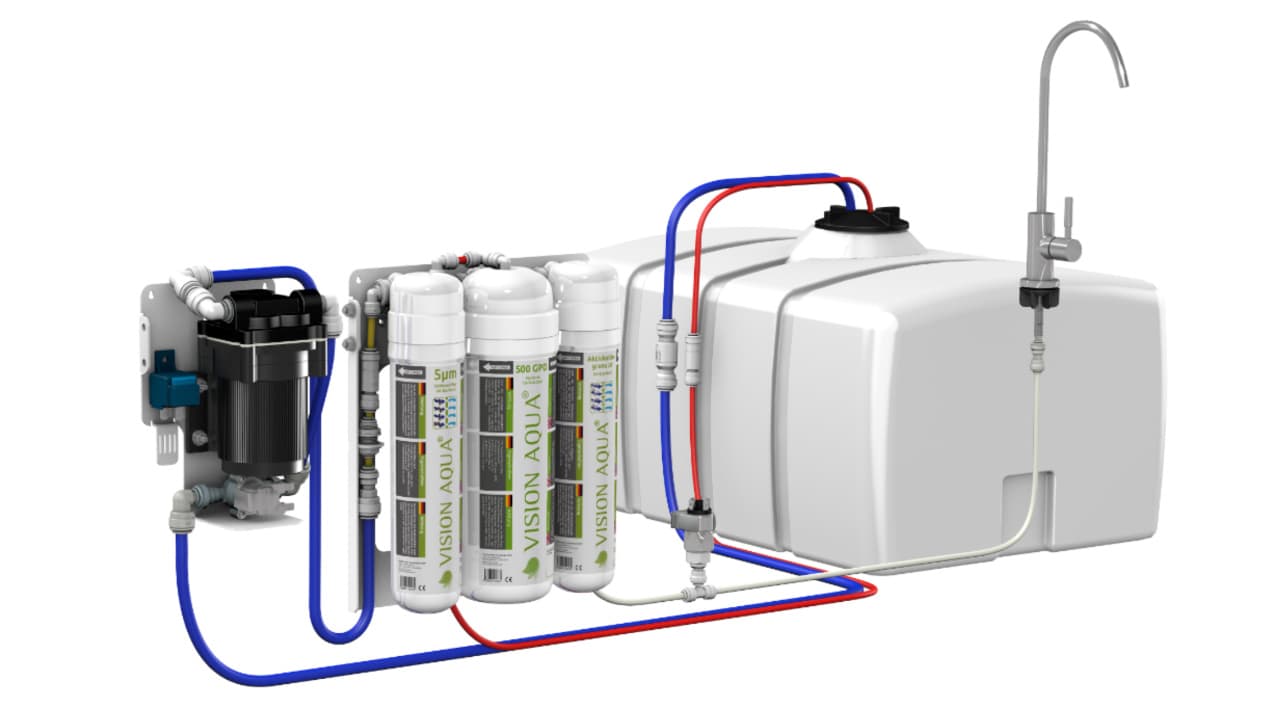 VA-Basic PLUS -Aufbau Die Beispielinstallation vom mobilen Wasserfilter VA-Basic PLUS als 3D Rendering