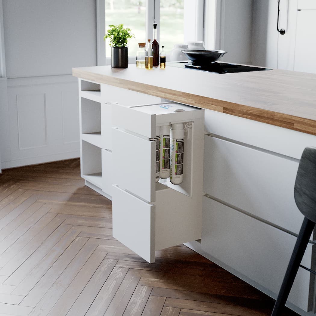 Verdanium MAX Wasserfilter mit GreenOsmo Technology und Di-Flow Standard Der Verdanium MAX Wasserfilter ist im Apothekerschrank in der Küche eingebaut