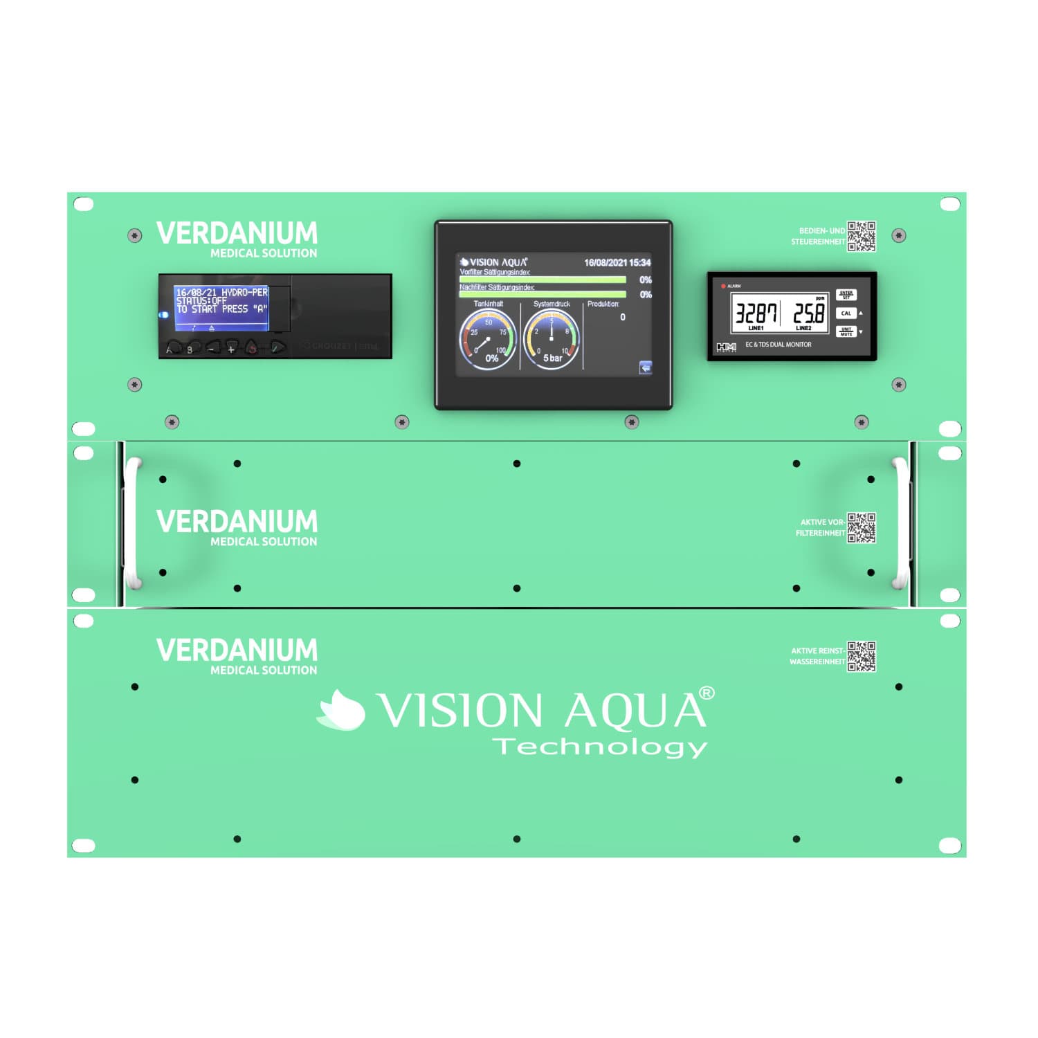 Verdanium MED Wasserfilter frontal Die Vorderansicht des Verdanium MED Wasserfilters für 19 Zoll Schränke im medizinischen Bereich
