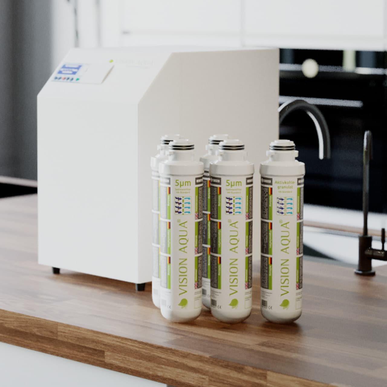 Verdanium HOME Wasserfilter - Filterwechsel Die Ersatzfilter stehen neben dem Verdanium HOME Wasserfilter