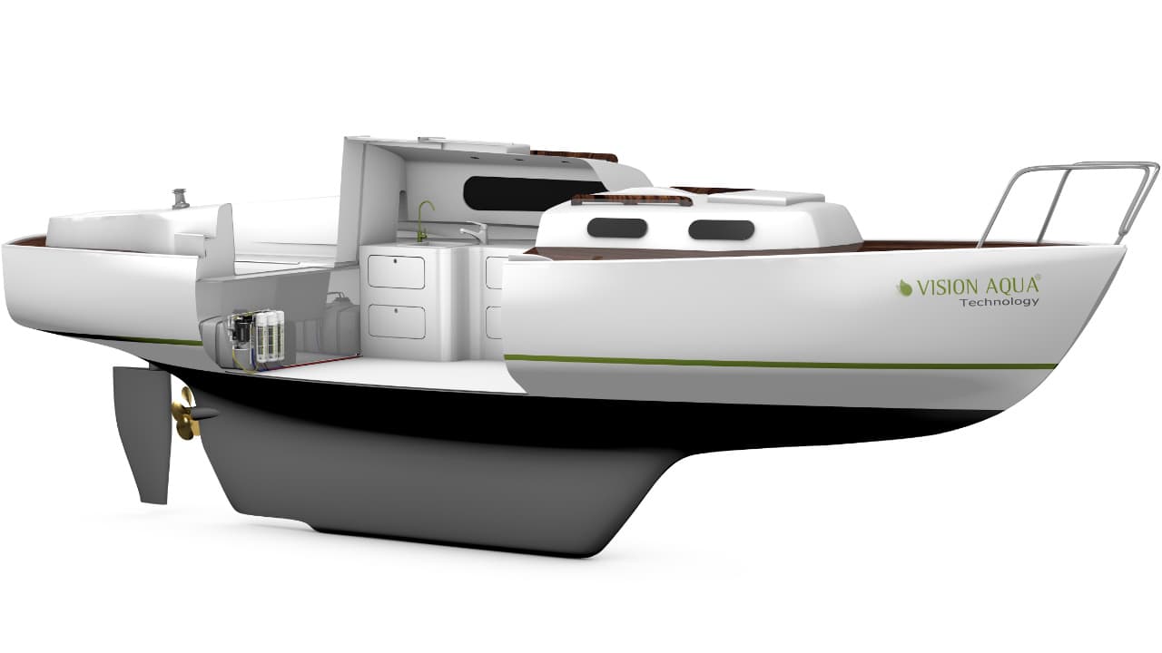 VA-Basic PLUS - Boot 3D Rendering von einem aufgeschnittenen Boot, in dem der mobile Wasserfitler VA-Basic PLUS installiert ist