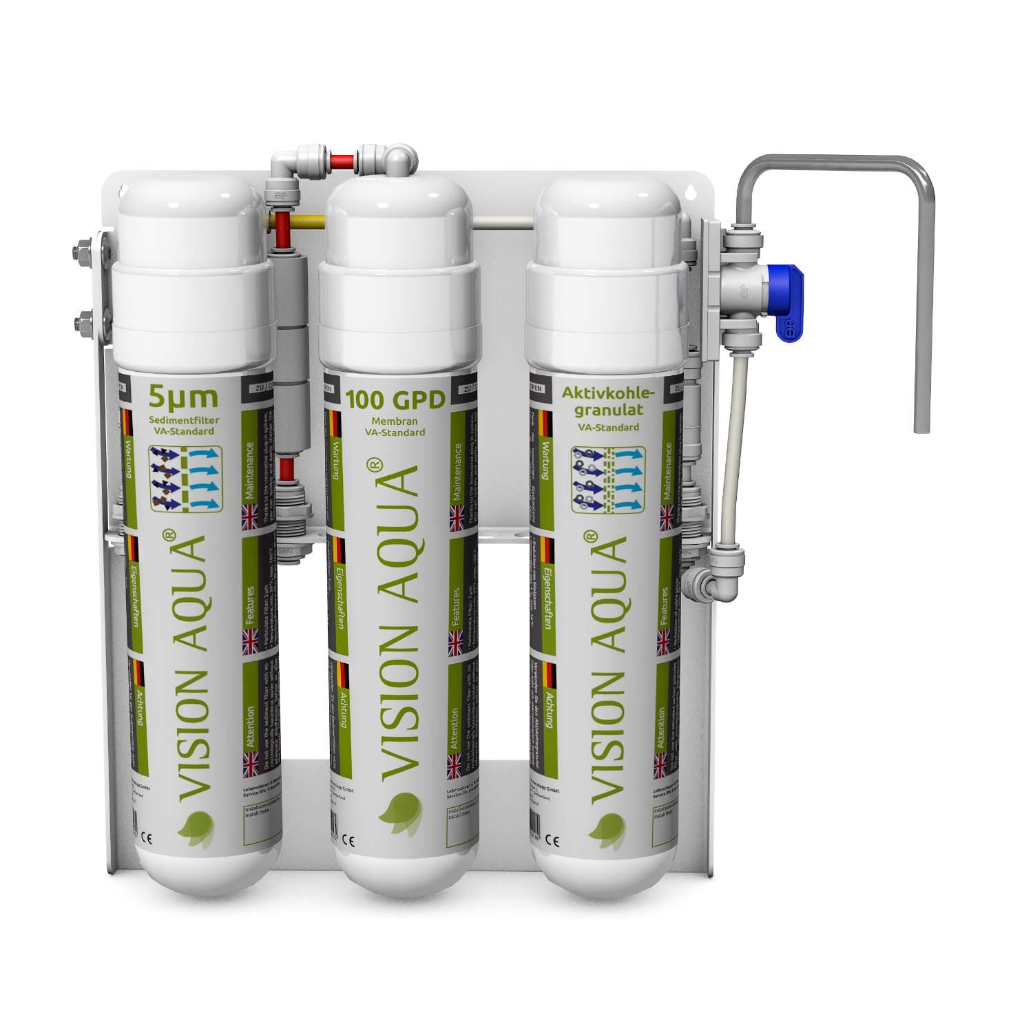 VISIONAQUA_mobiler-Wasserfilter_VA-Basic_frontal VISION AQUA mobiler Wasserfiler VA-Basic als Rendering von vorne mit ausgeklapptem Edelstahlauslauf