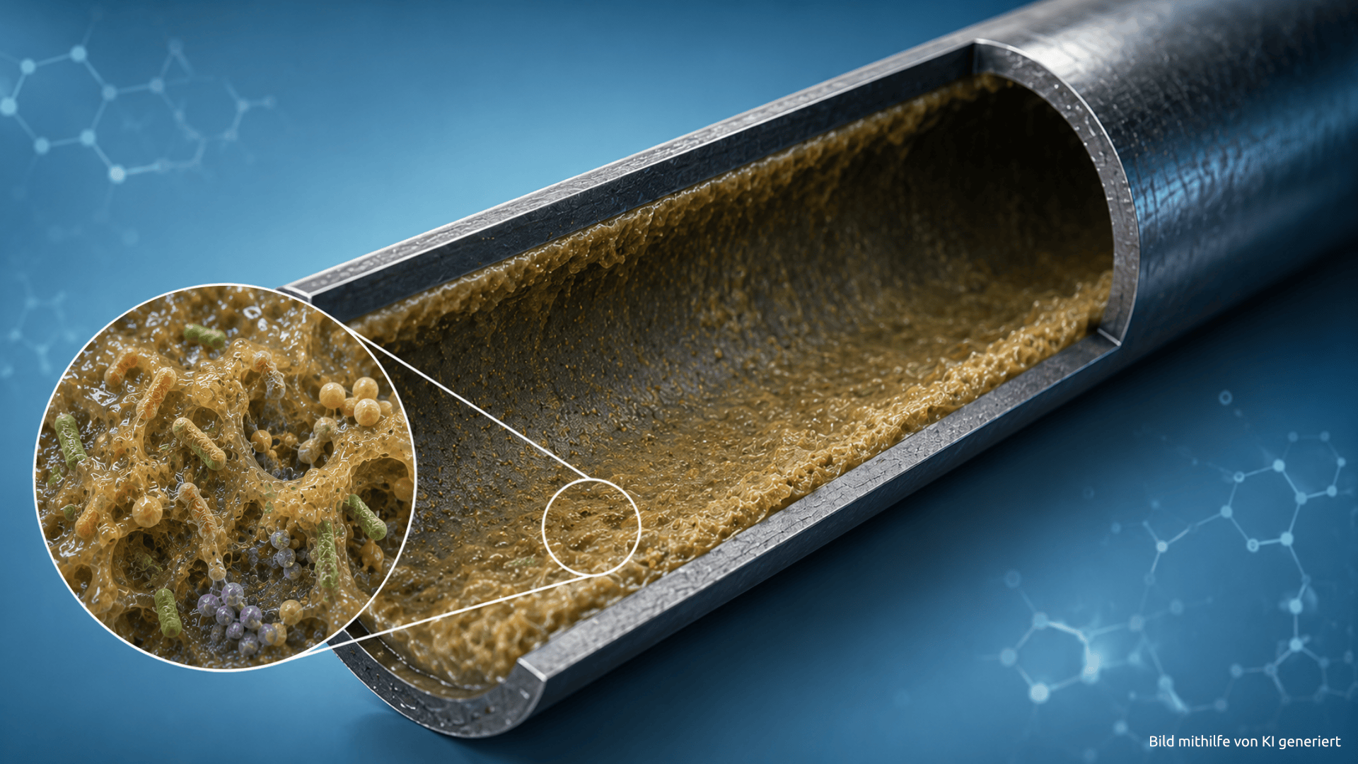 Ein aufgeschnittenes Wasserrohr mit einer Schicht gelblichem Biofilm. An der Seite ist eine vergößerte Darstellung des Biofilms mit Bakterien und weiteren Inhaltsstoffen des Biofilms zu sehen.