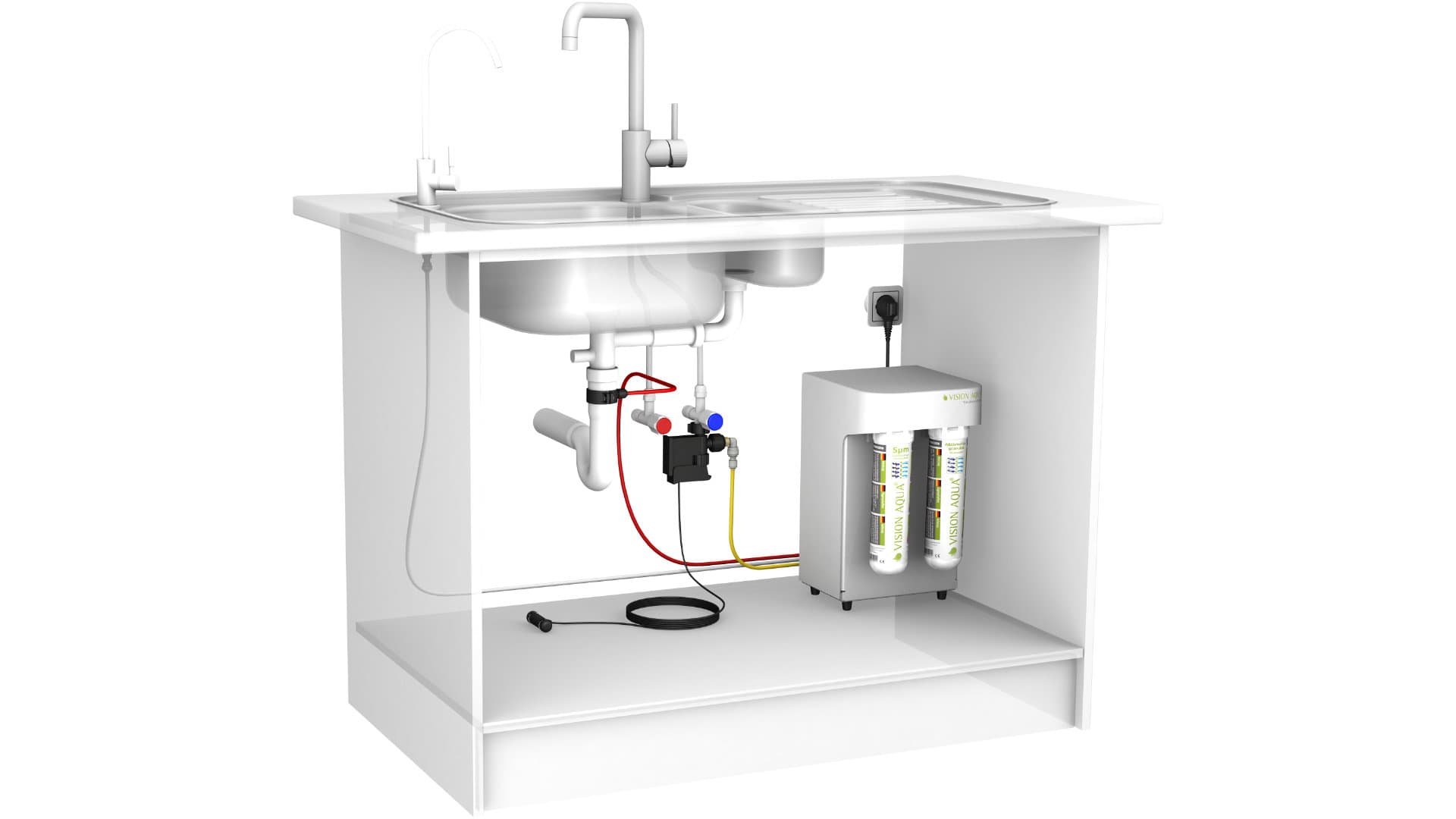 Beispielinstallation vom VA-Mini Wasserfilter unter der Küchenspüle als 3D Rendering