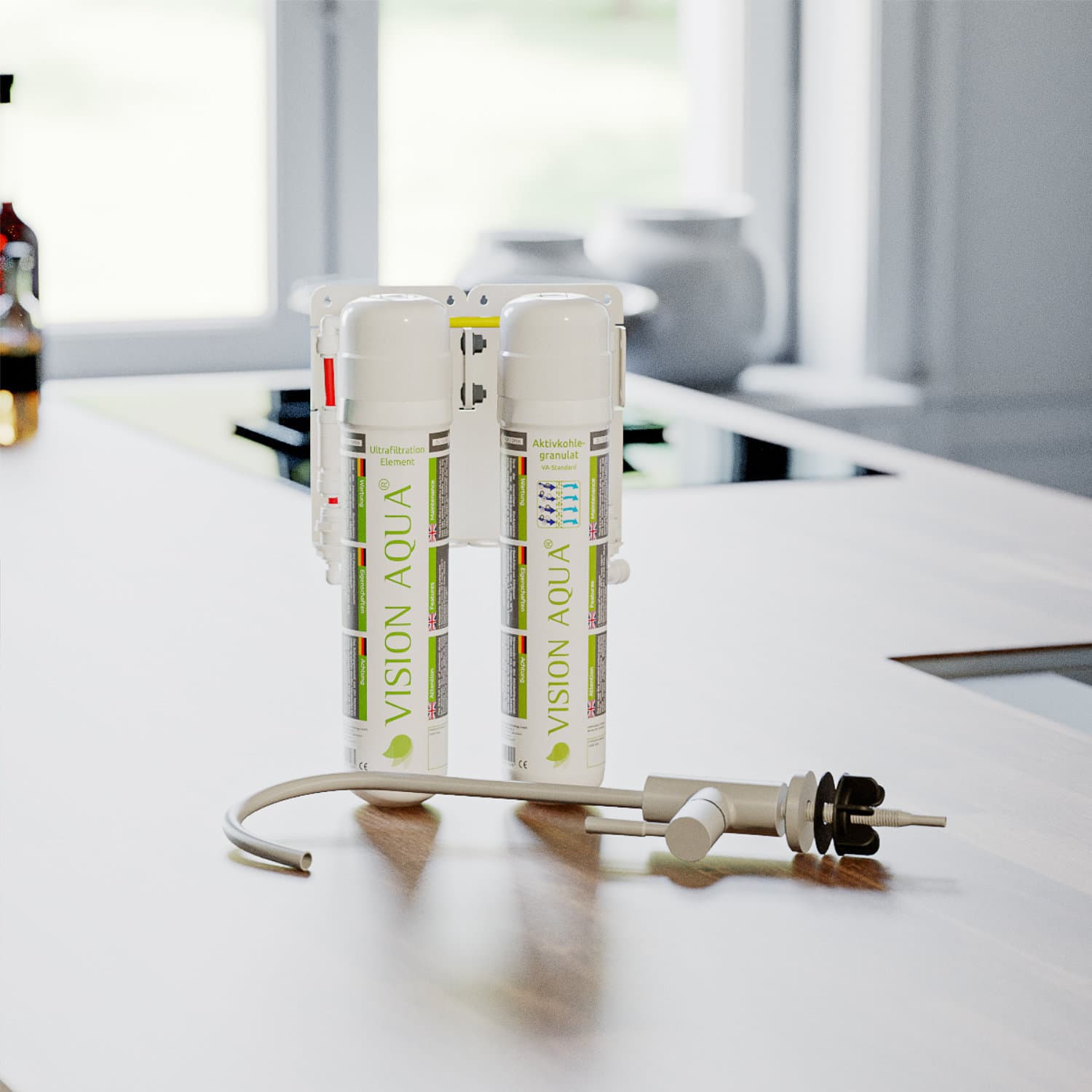 Titelbild - Der Wasserfilter inkl. 1-Weg Wasserhahn Der Wasserfilter auf einer Küchenzeile mit einem 1-Weg Wasserhahn