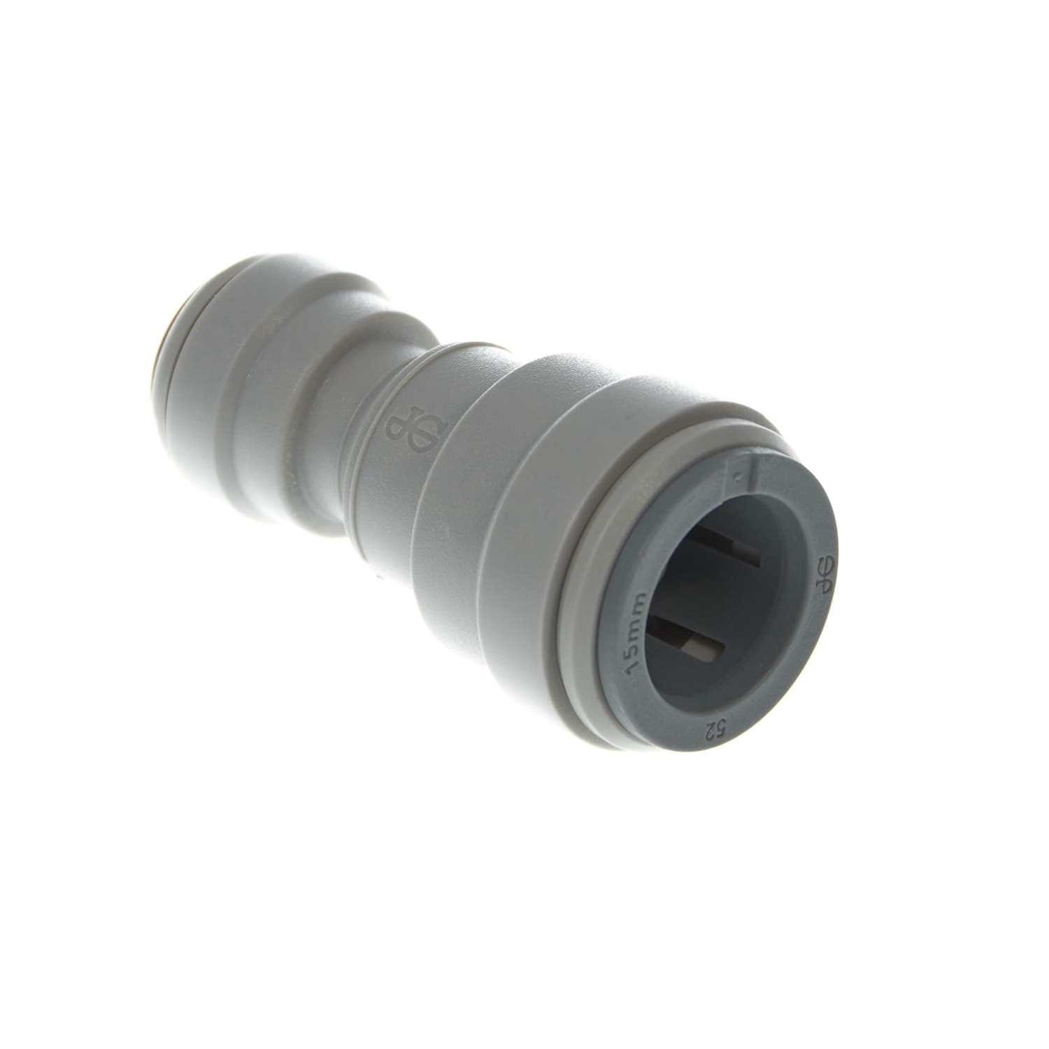 Gerader Reduzierverbinder 15 mm Rohrauf 3/8" Rohr von John Guest in grau für die VISION AQUA Wasserfilter Vorderansicht