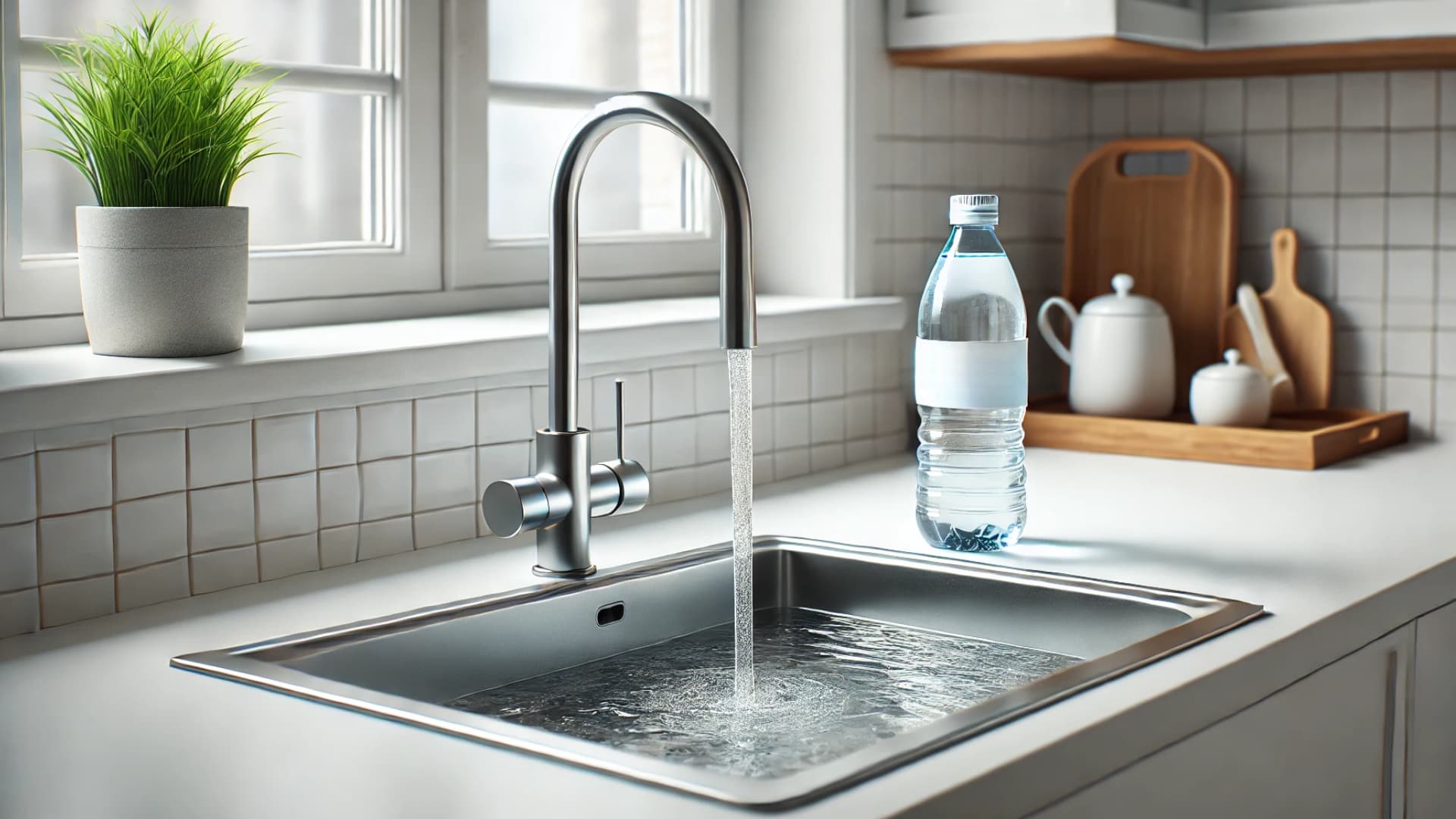 Ist Mineralwasser wirklich gesünder als Leitungswasser? Leitungswasser aus dem Hahn fließt in die Spüle und daneben steht eine Flasche Mineralwasser