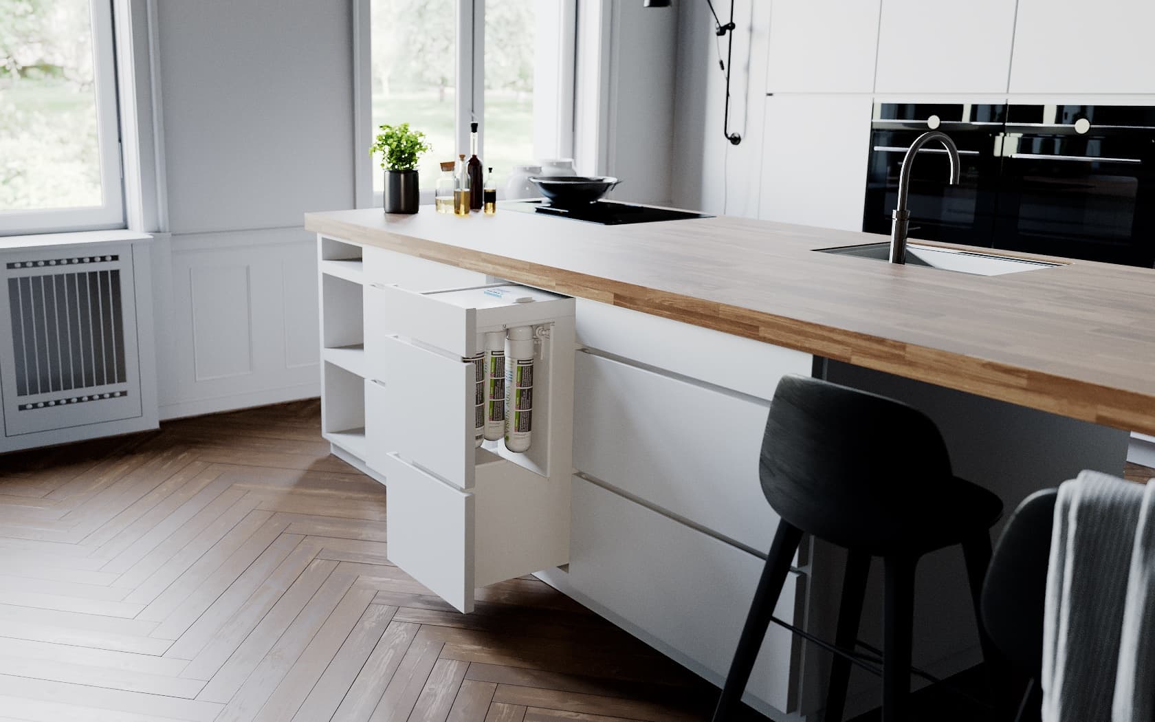 Verdanium MAX Wasserfilter - Kücheninsel Apothekerschrank Der verdanium MAX Wasserfilter ist im Apothekerschrank in der Kücheninsel eingebaut