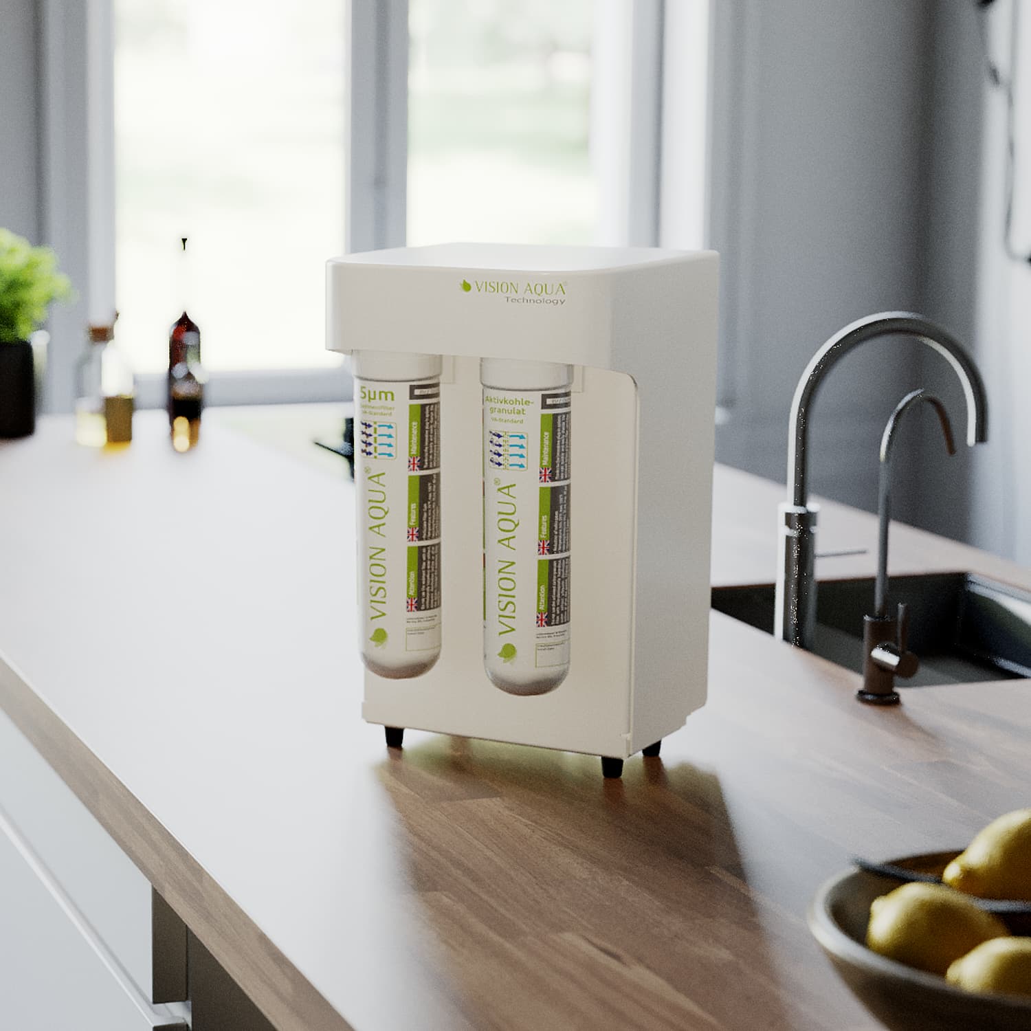 VA-Mini Wasserfilter auf der Kücheninsel