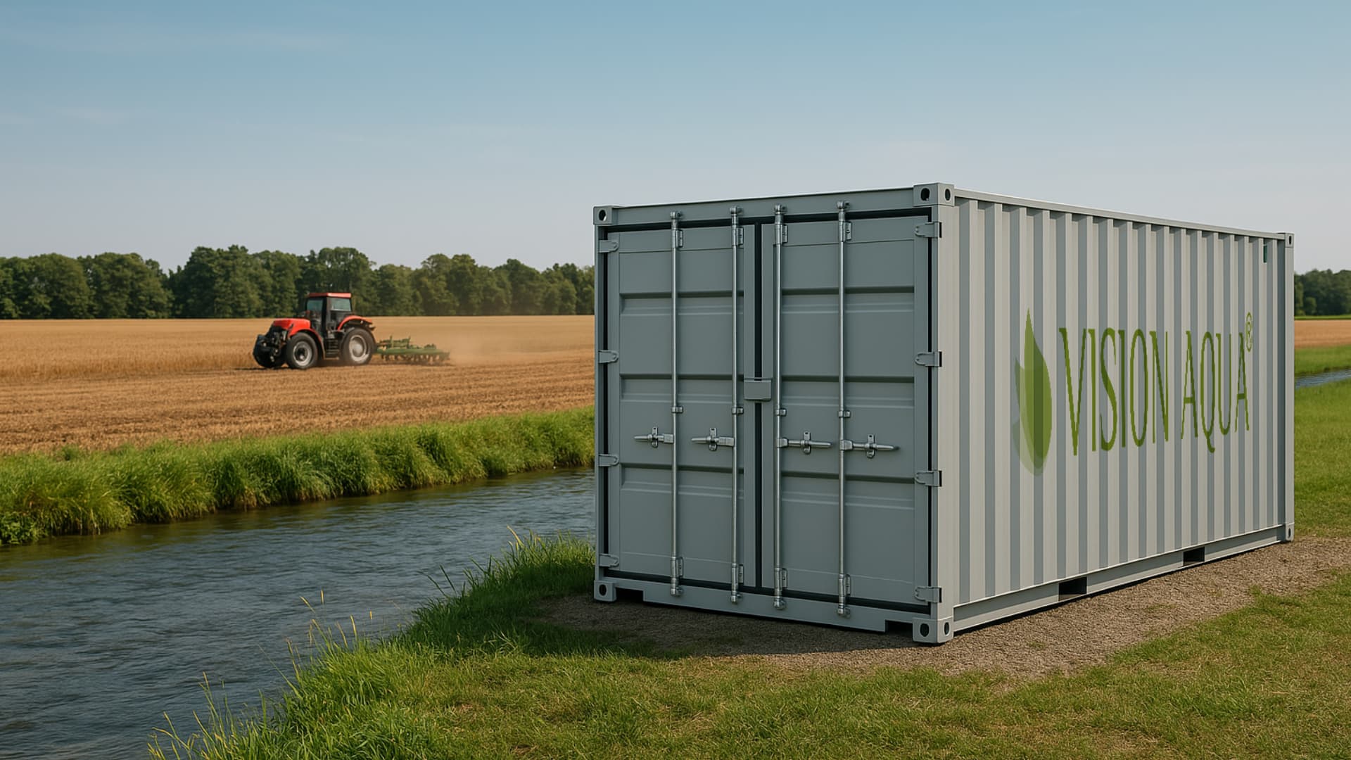 Sauberes Wasser für digitale Felder VISION AQUA Trinkwasser-Container an einem kleinen Fluss vor einem Feld, das von einem Traktor gepflügt wird.