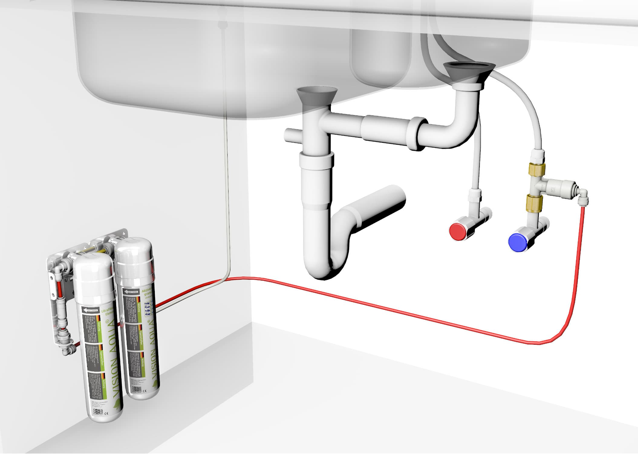 Detailansicht des Wasserfilters zwischengeschaltet an der Kaltwasserleitung unter der Spüle