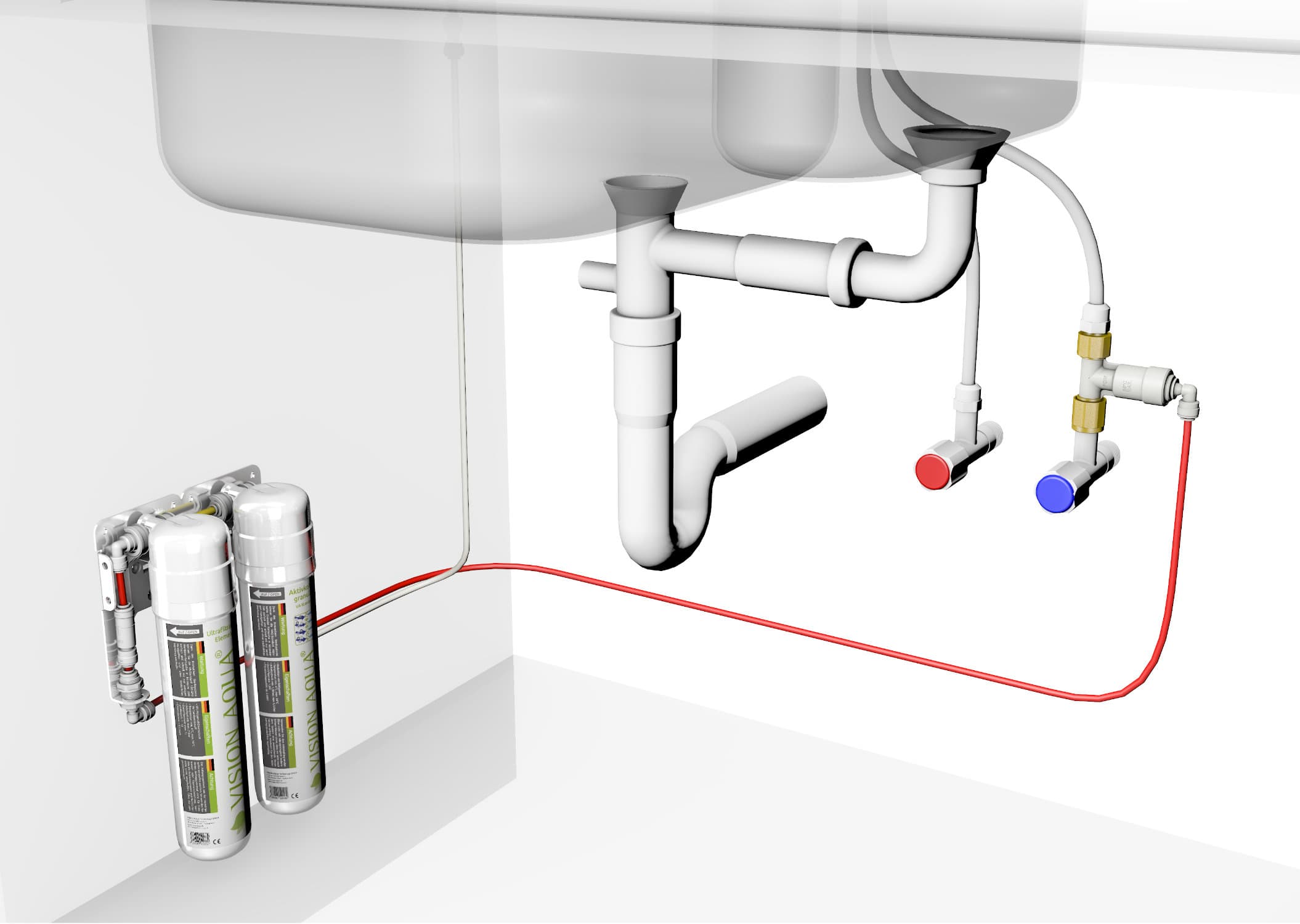 Detailansicht - Der Wasserfilter zwischengeschaltet an der Kaltwasserleitung unter der Spüle Detailansicht des Wasserfilters zwischengeschaltet an der Kaltwasserleitung unter der Spüle