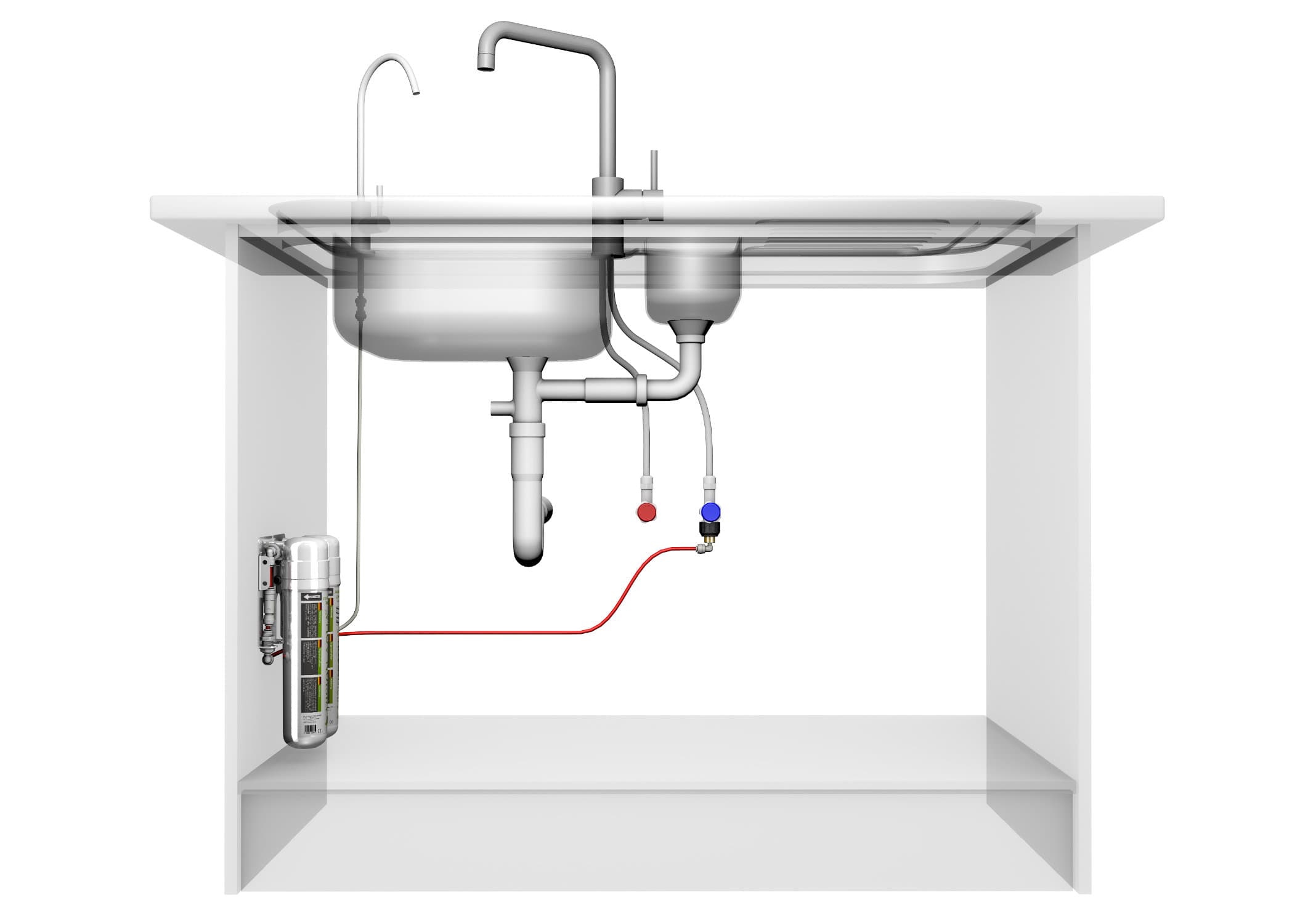 Vorderansicht - Der Wasserfilter direkt angeschlossen am Kombi-Eckventil Vorderansicht des Wasserfilters direkt angeschlossen am Kombi-Eckventil