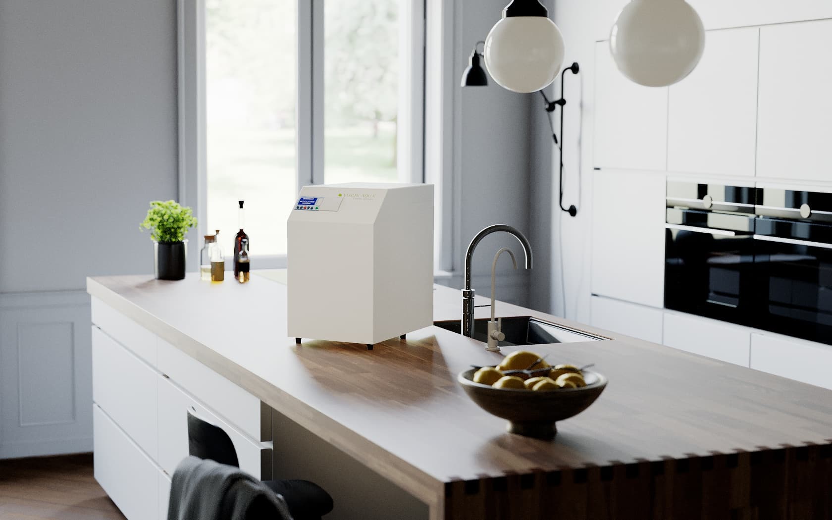 Verdanium HOME Küche vorn Verdanium HOME Wasserfilter auf der Kücheninsel