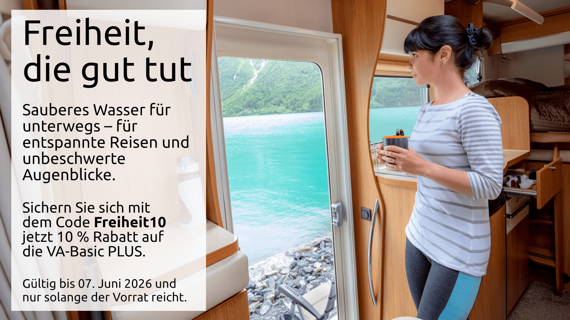 Aktionsbanner für die VA-Basic PLUS Freiheit, die gut tut. Aktionsbanner für die VA-Basic PLUS zu 10 % mit dem Code "Freiheit10".