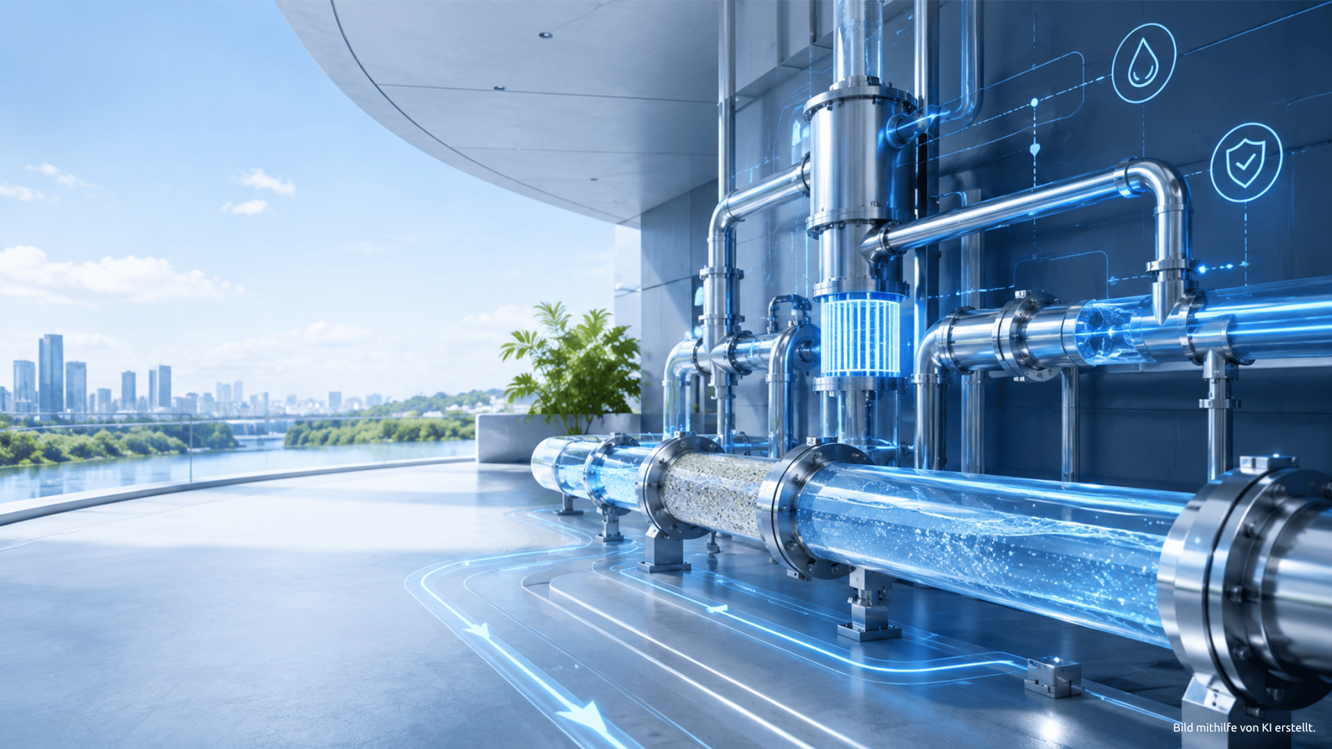 Teil 6 | Warum die Zukunft der Wasserhygiene nicht zwangsläufig chemisch sein muss Futuristische Wasseraufbereitungsanlage mit transparenten Rohrleitungen, klarem Wasser und digitaler Überwachung.