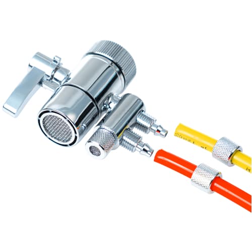 Hahnanschluss Adapter mit Perlator und Rücklauf für Abwasser - Verrohrung ohne Überwurf Der Hahnanschluss Adapter mit Perlator und Rücklauf für Abwasser mit Verrohrung ohne Überwurf